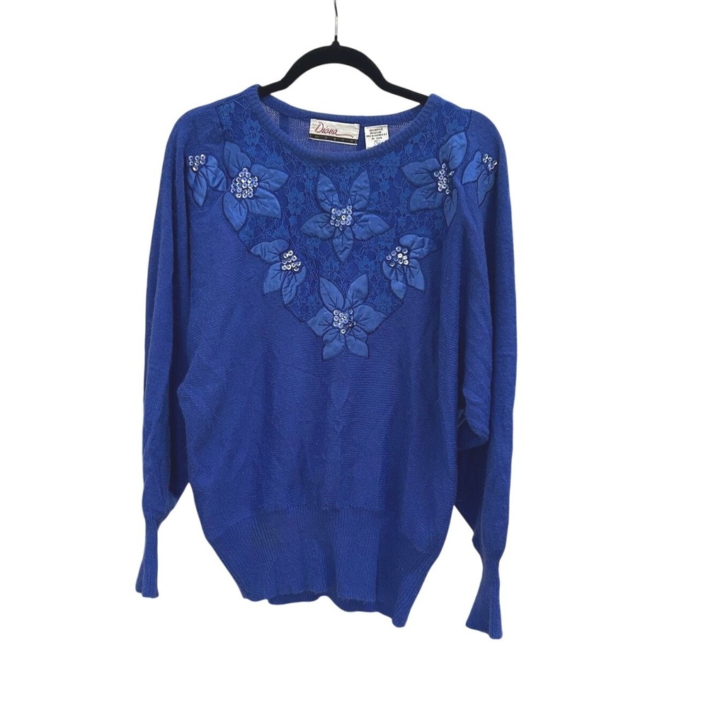Diana Marco VTG Colbalt Blue Floral Applique‎ Sequin Lace Sweater Womens 38/18W